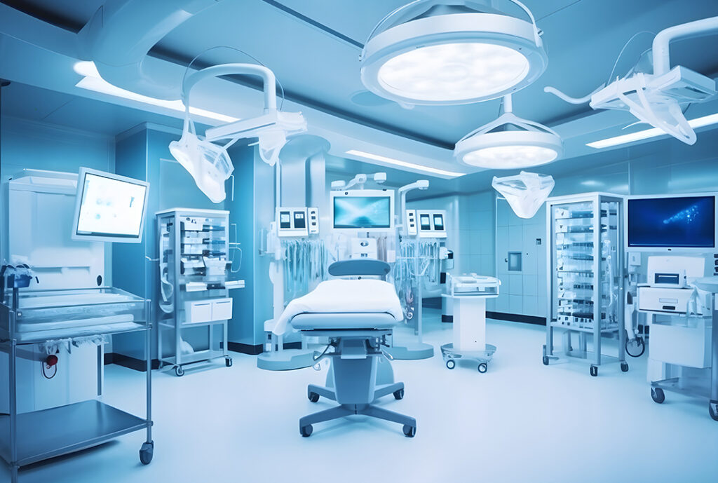 صورة غرفة عمليات في مستشفى حديث مجهز بالكامل.