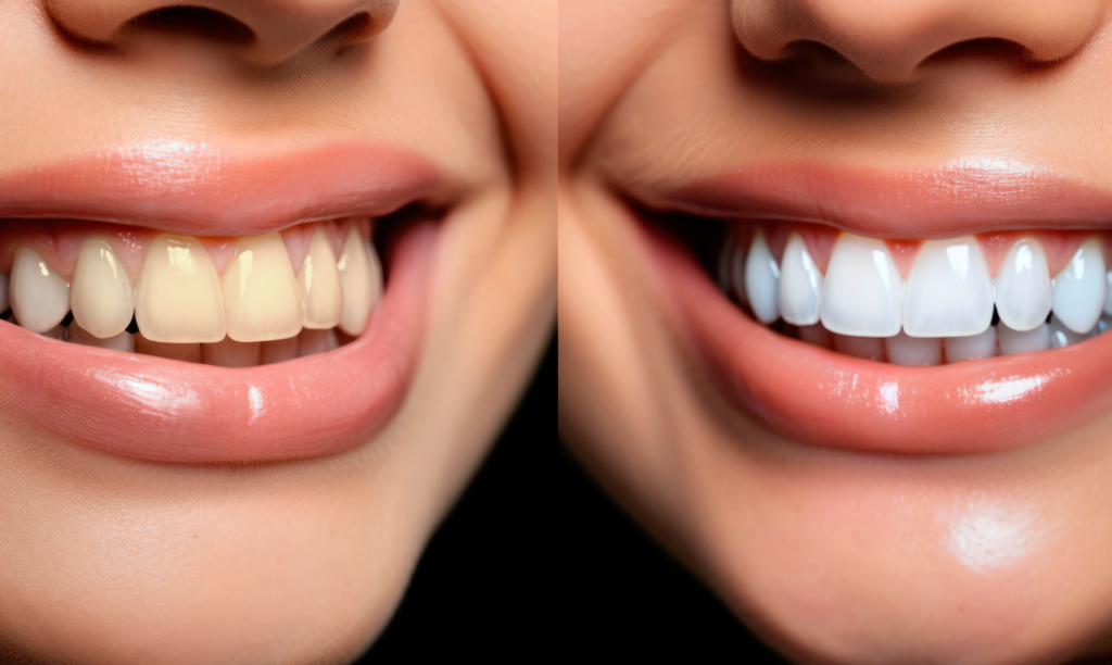 مقارنة بين أسنان صفراء قبل التبييض وأسنان بيضاء لامعة بعد التبييض.